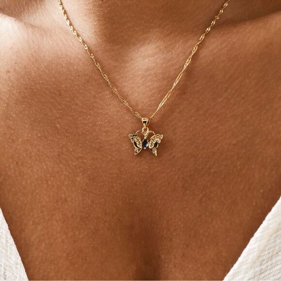 18k Gold Plated Butterfly Necklace W/ Blue Stone - Picture 1 of 8